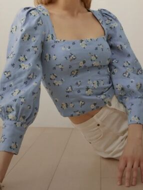 Reformation Pale Blue 100% Linen Daisy Embroidered Blouse Size 8 Boho Feminine